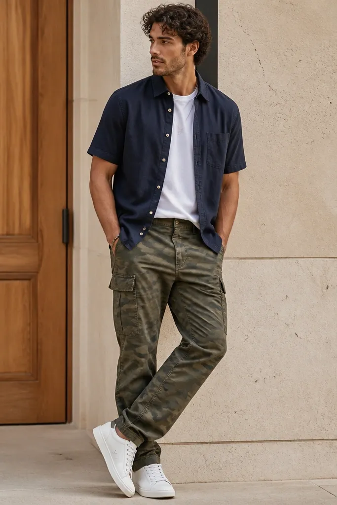 A navy short-sleeve button-down shirt worn open over a white tee, with olive camo cargo pants. The shirt is half-tucked at the front and the man wears white low-top sneakers.