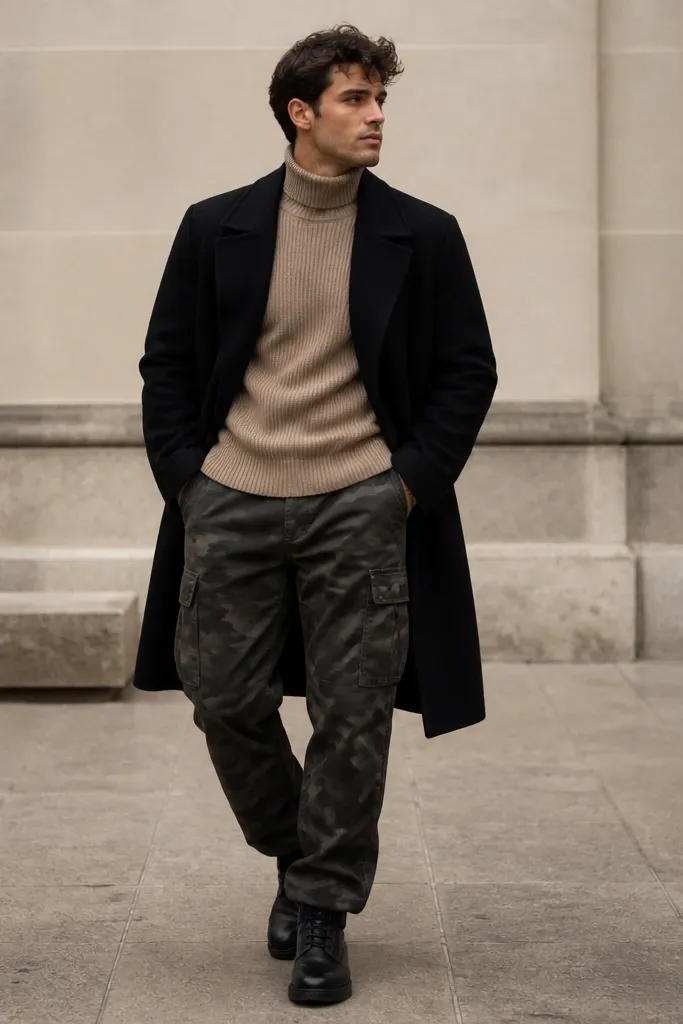 Tan ribbed turtleneck sweater paired with dark camo cargo pants. The person wears a black overcoat and black boots. The turtleneck collar sits snug and centered.