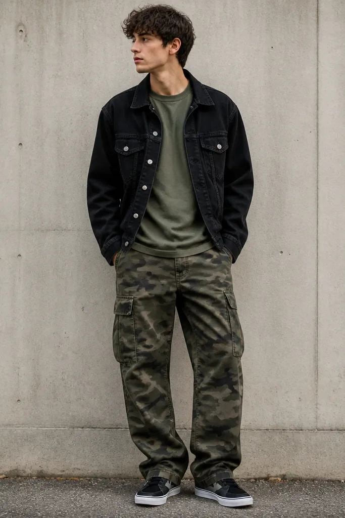Olive green t-shirt with olive camo cargo pants, topped with a black denim jacket. The jacket has a slight fade and silver buttons. The shoes are black-and-gray skate sneakers.