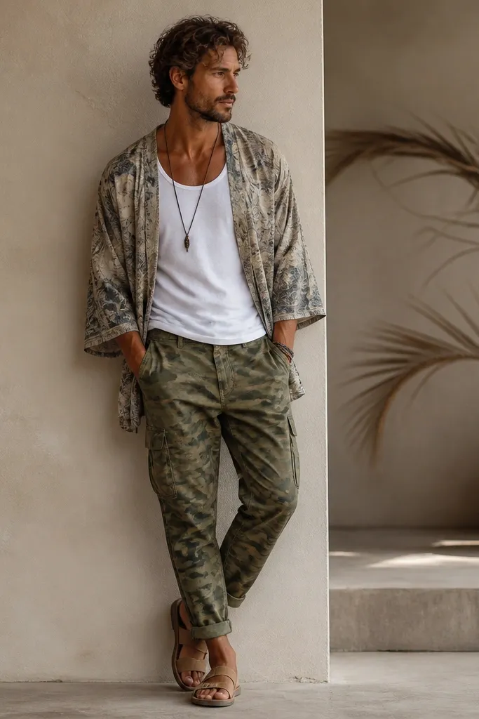 White tank top under a lightweight patterned kimono-style shirt in muted beige and gray. Olive camo cargo pants are tapered. The shoes are light brown sandals or simple slides.