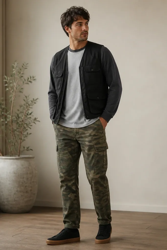 A gray raglan tee with contrasting sleeves worn under a black utility vest. Olive camo cargo pants are tapered and show the cargo pocket flaps. The shoes are black sneakers with a gum sole.