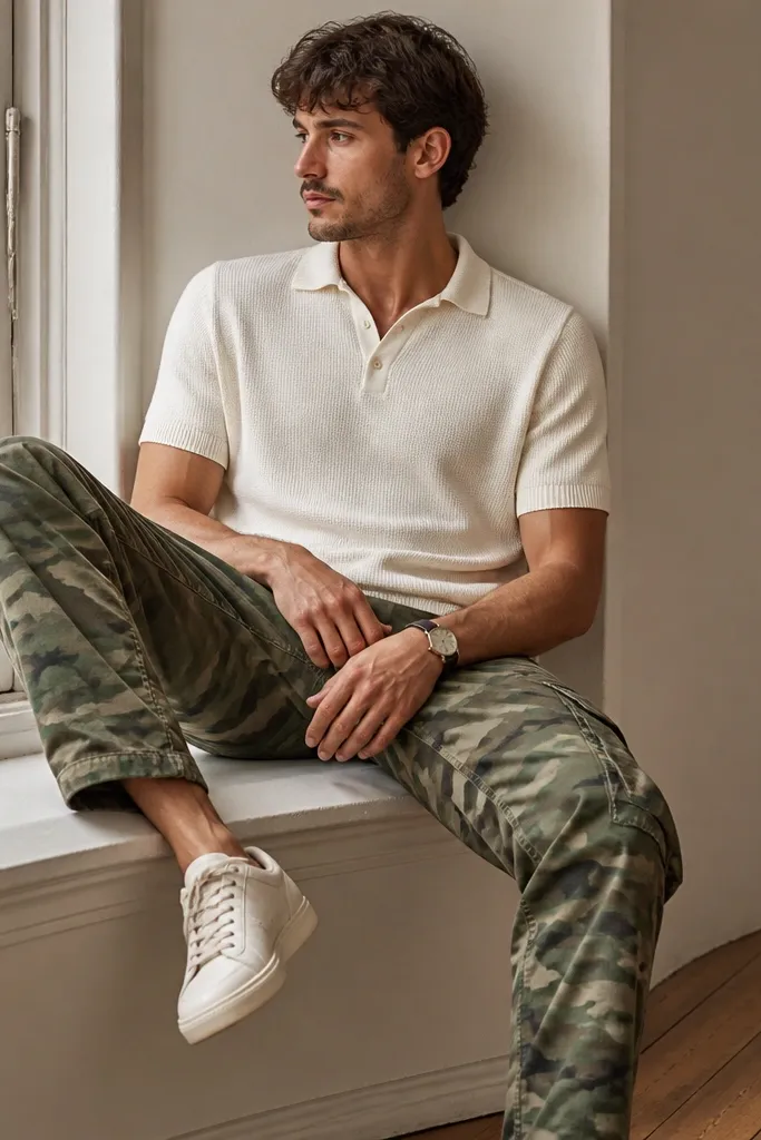 Model wears green camouflage cargo pants with visible side pockets. The top is a cream knit polo with a short collar. Shoes are off-white low-top sneakers. A simple watch sits on the wrist.