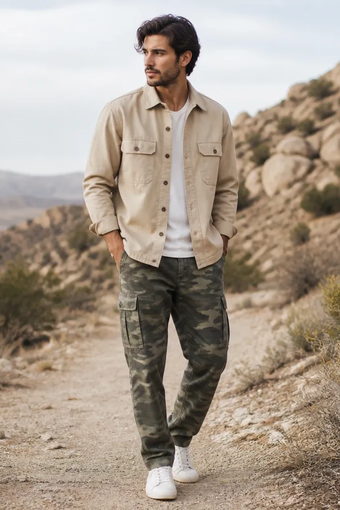 Green camo cargos paired with a sand-colored overshirt. The overshirt has button closure and flap pockets. White canvas sneakers with low profile. Light outdoor lighting.