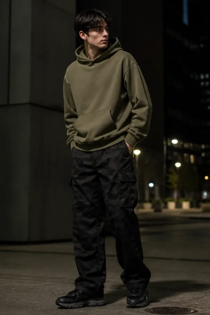 Black camouflage cargo pants. An olive hoodie with a slightly oversized but not baggy fit. Sneakers are black with gray accents. The outfit is photographed at night.