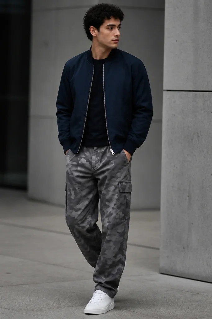 Gray camouflage cargo pants paired with a navy bomber jacket. Ribbed cuffs and collar are visible. White sneakers finish the look.