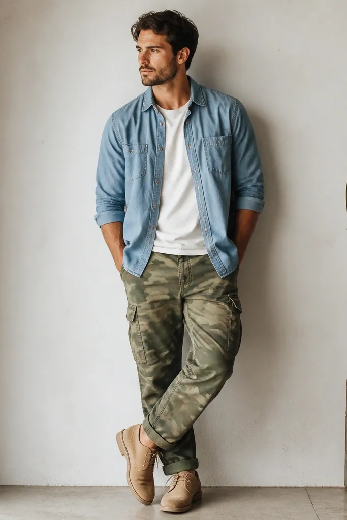 Green camo cargo pants with a mid-wash blue chambray shirt. The shirt is worn open over a plain tee. Tan suede desert boots complete the outfit.