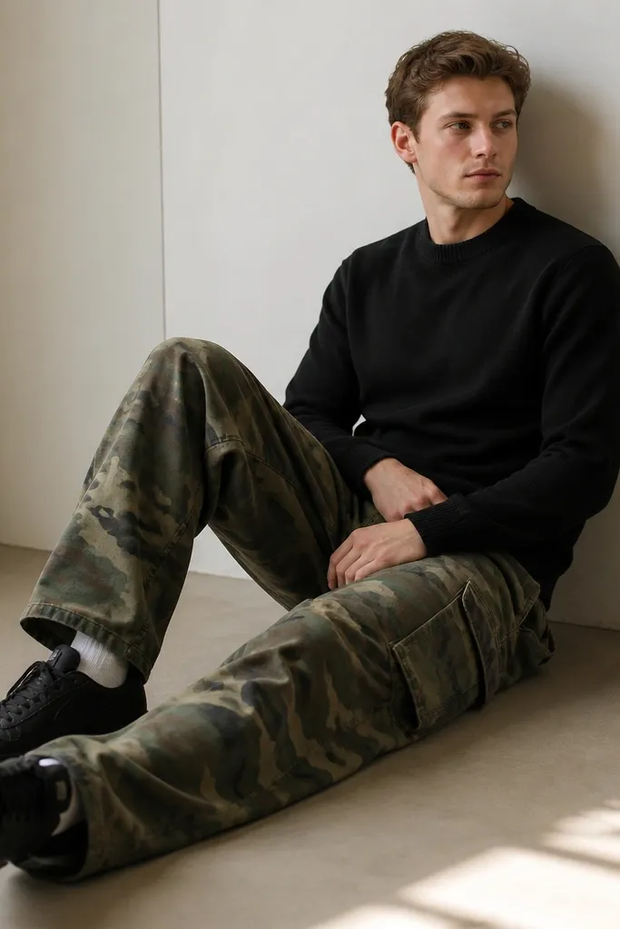 Green camouflage cargo pants paired with a black crewneck sweater. Black low-top sneakers. The sweater has a clean ribbed collar and cuffs.