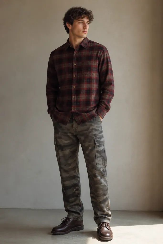 Gray camouflage cargo pants paired with a burgundy flannel shirt. The flannel is buttoned and worn with a dark brown pair of lace-up shoes.