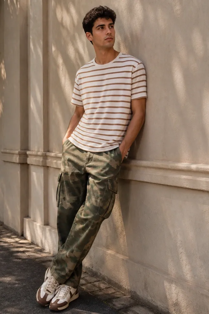 Olive camouflage cargo pants with a striped tee in off-white and muted brown. Sneakers are white with brown accents. The outfit is photographed outside on a sunny day.