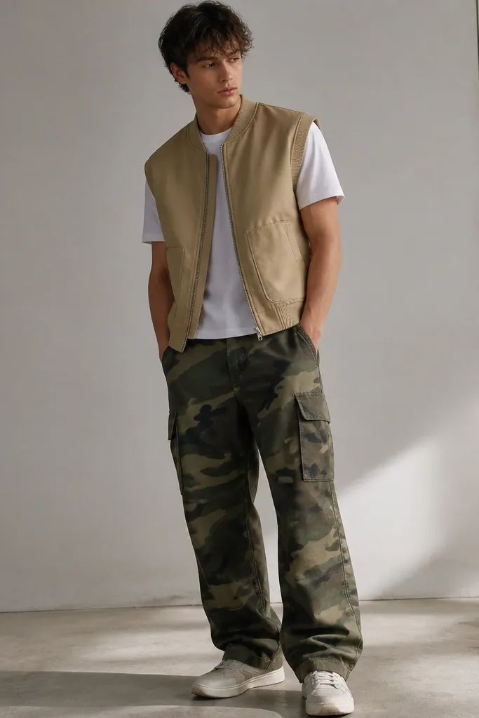 Green camouflage cargo pants with a tan bomber-style vest. A plain white tee sits underneath. The vest has a zipper and ribbed armholes.