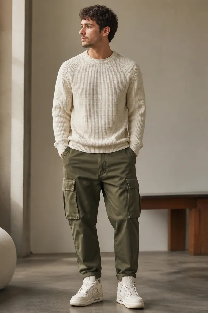 Outfit photo: olive canvas cargo pants, a cream knit crewneck, and cream/khaki Jordan 4 sneakers. The cargo has roomy thigh pockets and a clean tapered hem. Lighting shows the canvas texture clearly.