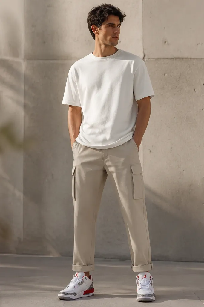 Photo showing sand-beige cargo pants with cuffed hem, a white short-sleeve tee, and white/red Jordan 3 sneakers with visible elephant print. The pants look lightweight and the hem sits above the sneaker slightly.