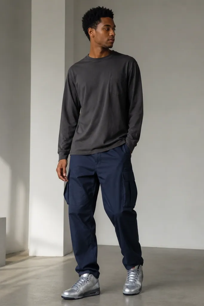 Outfit image: navy cargo pants with side pockets and a relaxed thigh, a charcoal long-sleeve tee, and metallic silver Jordan 6 sneakers. The pants are mid-rise and end with a clean break.