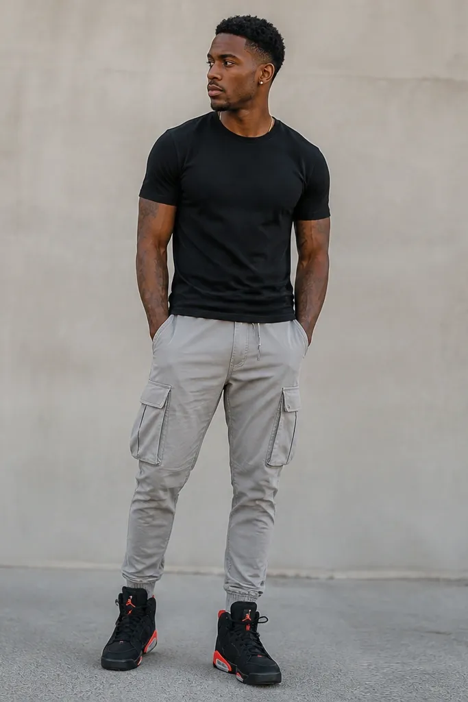 Photo of light grey cargo pants, a black fitted tee, and black/infreared-accent Jordan 6 sneakers. The cargo pockets are prominent but the leg tapers toward the ankle.