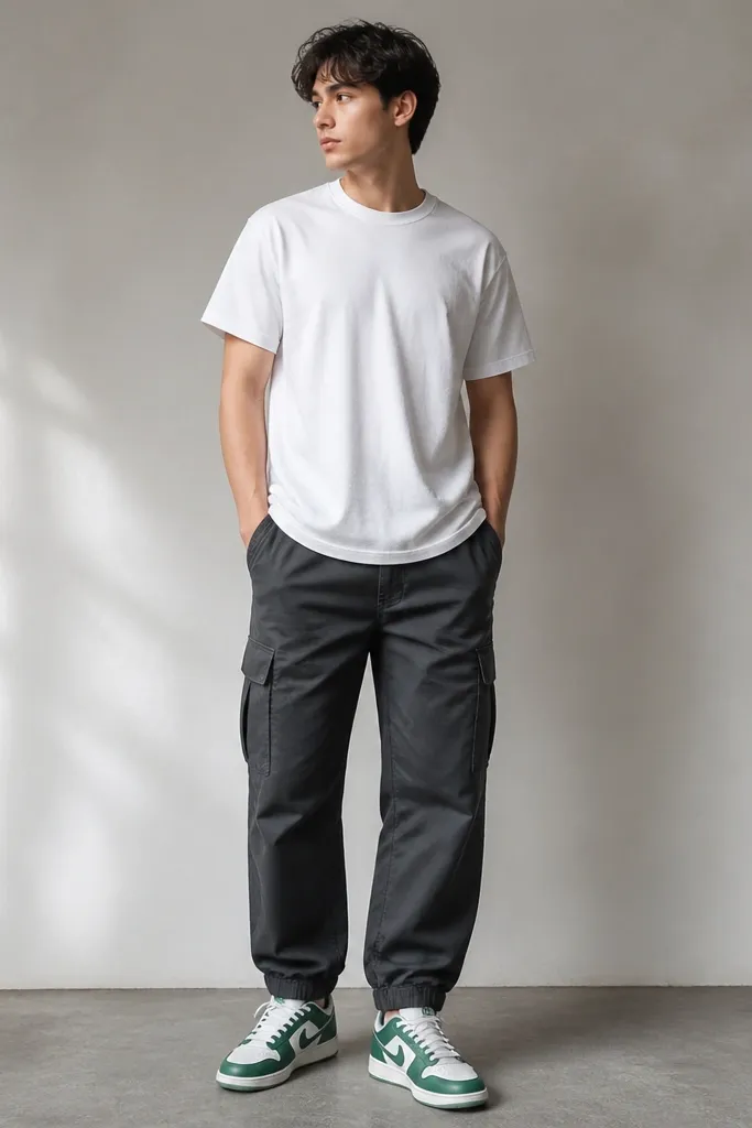 Outfit photo: charcoal cargo pants, a white tee with a small chest logo, and white/green Jordan 1 Low sneakers. The pants have a cuffed hem and the sneaker toe is clearly visible.