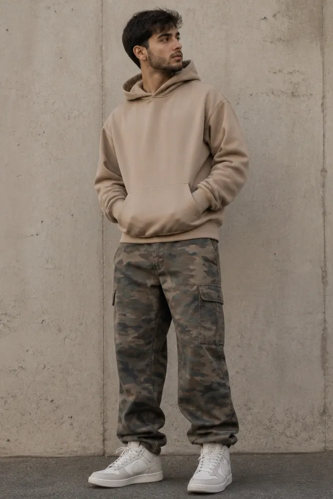 Photo showing camo cargo pants in muted green/brown tones, a plain tan hoodie, and neutral Jordan 2 sneakers (mostly white and grey). The outfit has no other patterns.