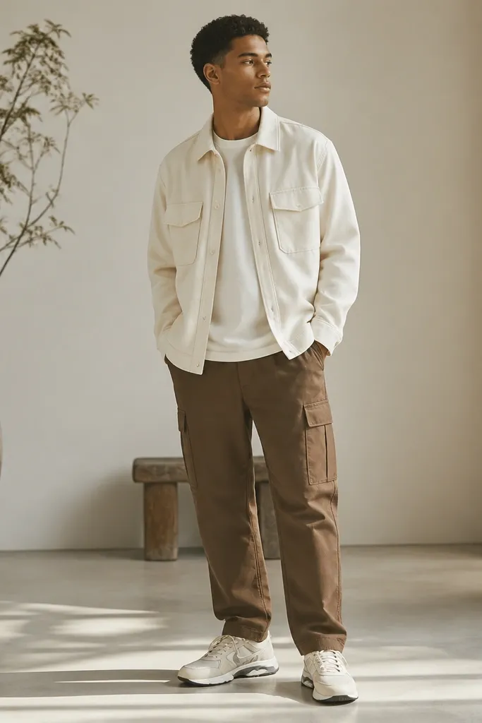 Outfit photo: medium brown cargo pants with a matte finish, an off-white overshirt, and off-white Jordan 5 sneakers with grey detailing. The pants show a relaxed thigh and straight leg.