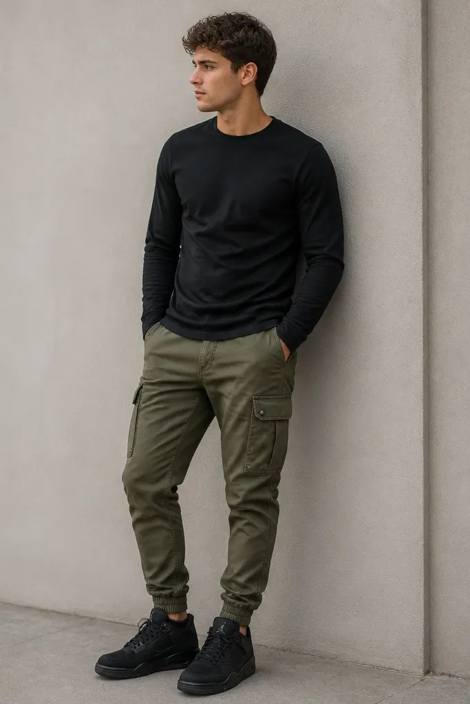 Outfit image with olive cargo pants, a black long-sleeve shirt, and all-black Jordan 4 sneakers. The cargo pockets are visible and the leg tapers to a clean ankle line.