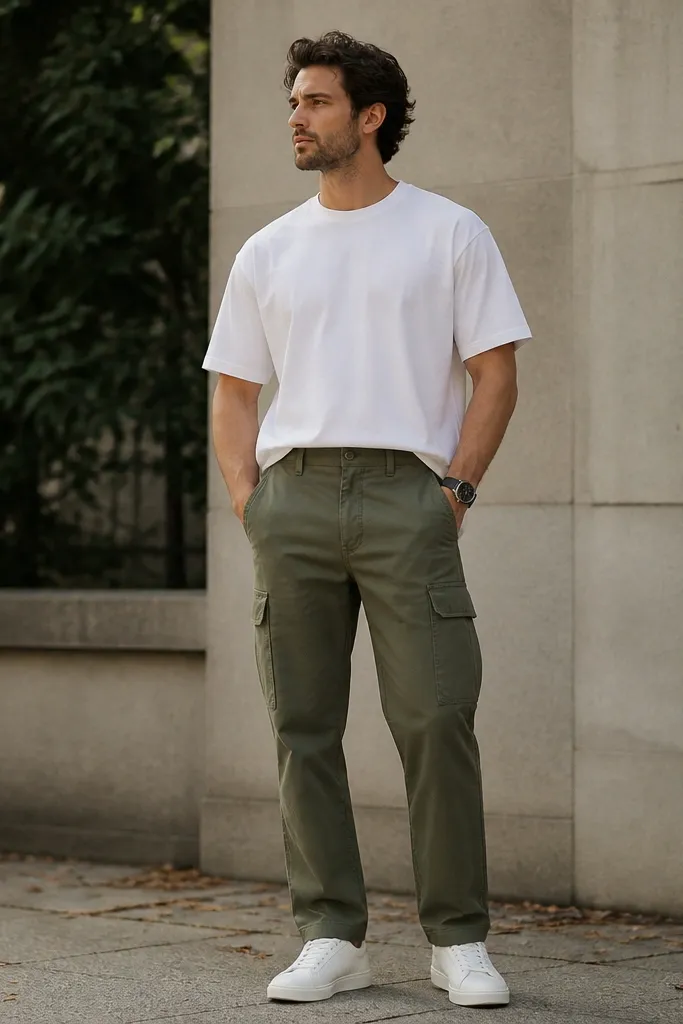 A man standing outdoors wearing olive green cargo pants with a straight leg. He has a plain white heavyweight crewneck tee tucked in at the front, and clean white leather low-top sneakers. A simple black wristwatch is visible.