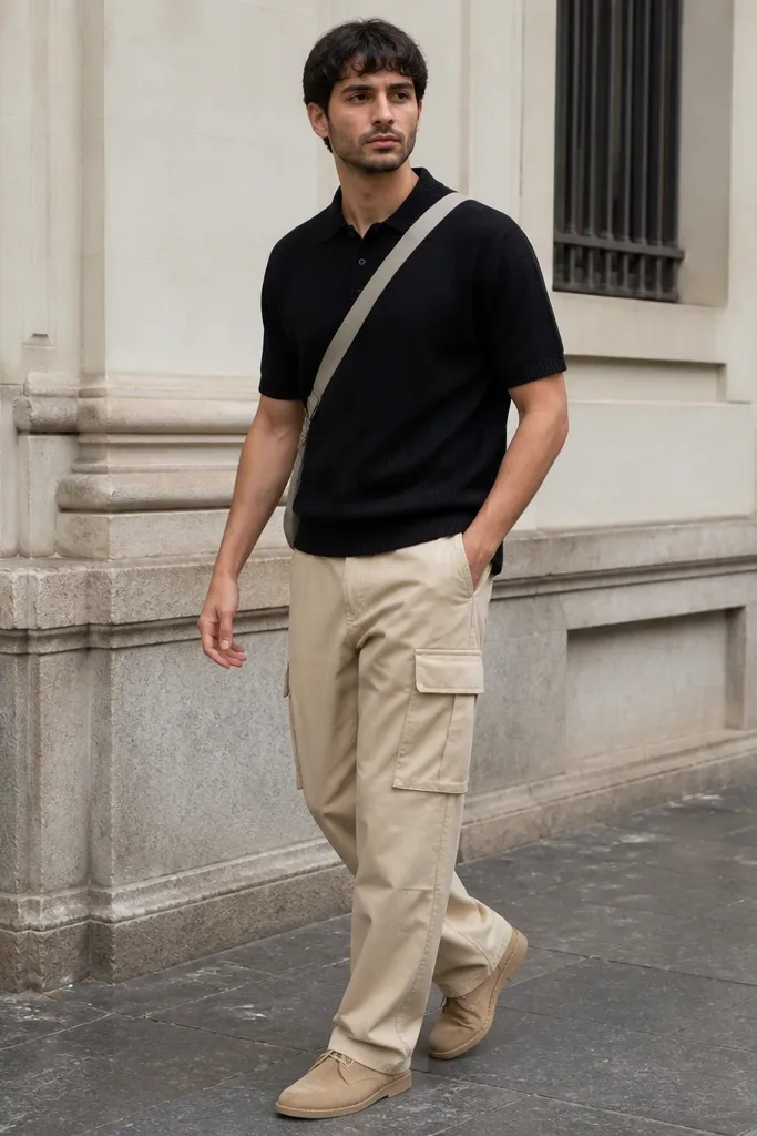 A man photographed in a casual street setting wearing sand beige cargo pants. The top is a black knit polo with ribbed collar and sleeves. He wears tan suede desert boots and a light gray crossbody bag strap runs across his chest.