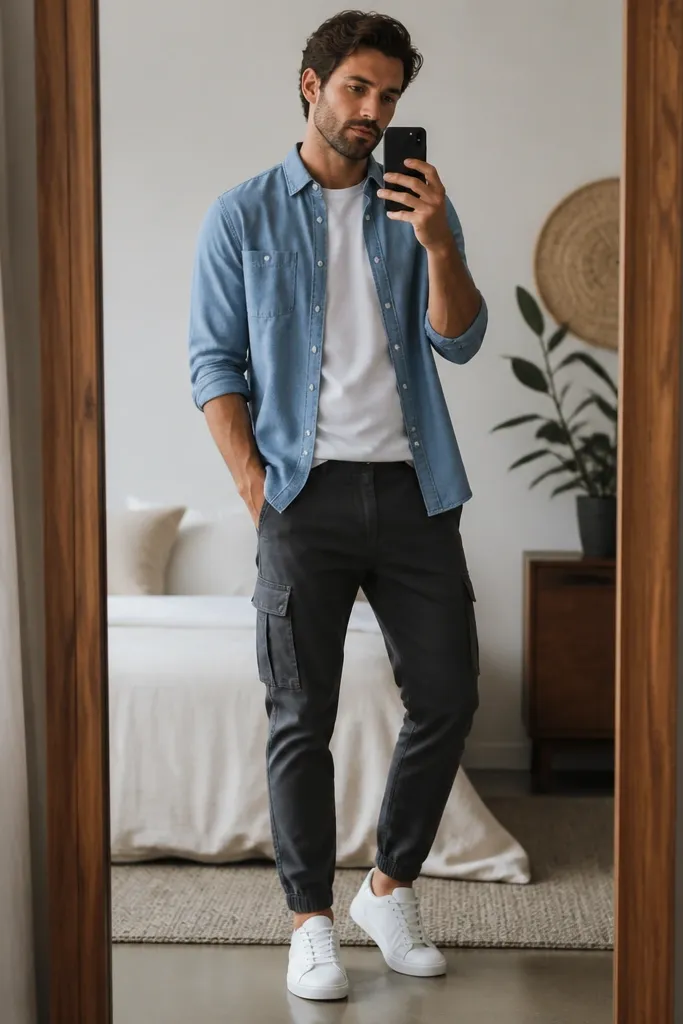 A man in a mirror shot wears charcoal cargo pants with a tapered ankle. He has a light blue chambray button-down worn open over a white tee, with the button-down sleeves rolled to mid-forearm. White minimalist sneakers complete the look.