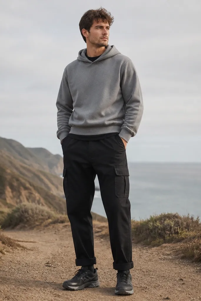 A man outdoors wears black cargo pants with a straight leg and cuffed hem. He's got a mid-gray hoodie layered over a black tee and wears black-and-gray running sneakers. The hoodie is slightly cropped by the cargo waistband.