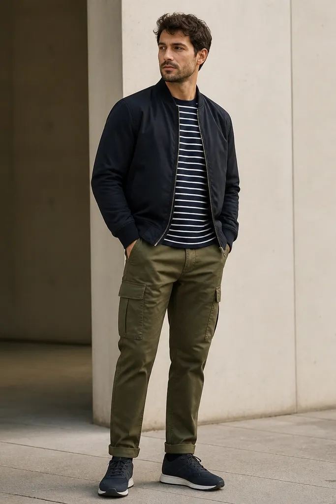 A man stands with olive cargo pants and a navy bomber jacket. Under the jacket is a long-sleeve striped tee with thin white and navy stripes. He wears dark sneakers and has the bomber zipped halfway.