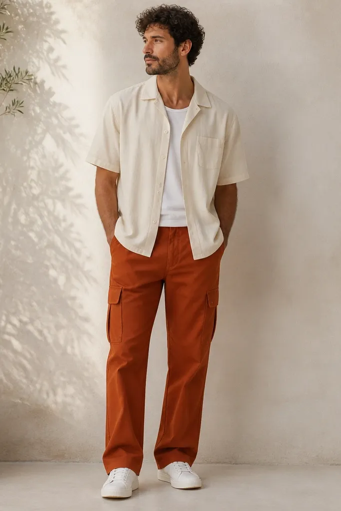A man wears rust-orange cargo pants with a straight leg. He has a cream camp collar short-sleeve shirt slightly open over a white tee. White sneakers are visible, and the shirt hem sits around the waistband.
