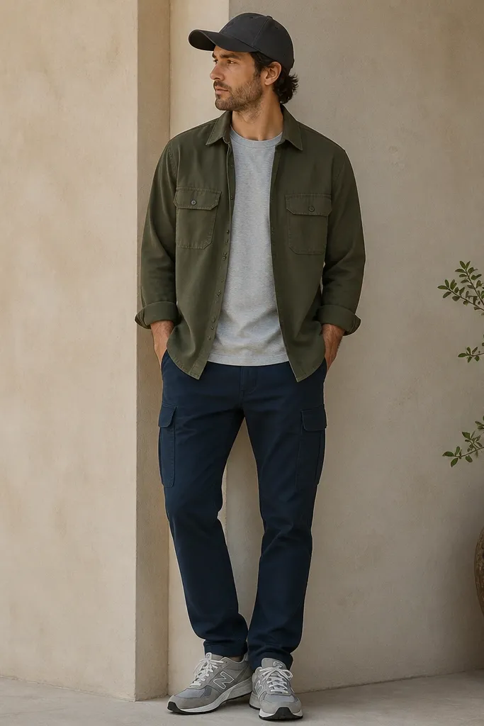 A man wears navy cargo pants and a light gray crewneck tee. Over it is an olive overshirt with chest pockets, sleeves cuffed. He's wearing gray sneakers and a simple cap.