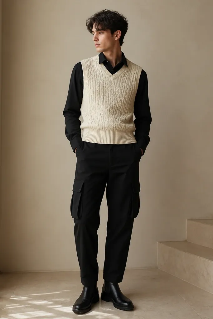 A man wears black cargo pants and layers a black long-sleeve under an off-white knitted sweater vest. The vest sits snug at the waist. He wears black leather boots and keeps the long-sleeve collar visible.