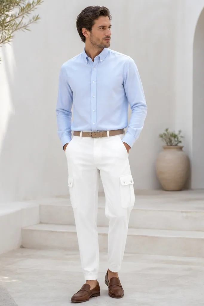 A man wears white cargo pants with a tapered ankle. A pale blue button-down is worn fully buttoned and tucked in. He has a tan belt and brown loafers. The outfit looks clean and bright.