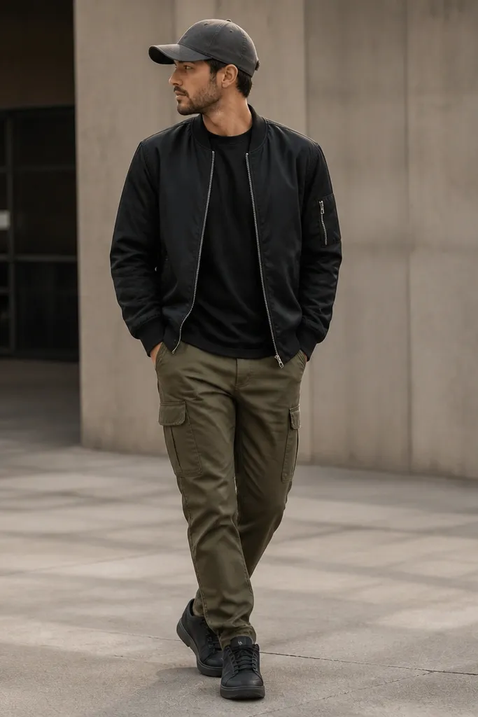 A man wears olive cargo pants and a black bomber jacket. Under the bomber is a black tee with a small chest logo. He wears a gray baseball cap and clean dark sneakers.