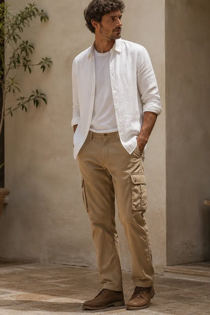 A man in warm weather wears coyote tan cargo pants with a relaxed straight leg. He has a white linen button-down worn open over a white tee. Brown leather chukkas sit on the ground, and the fabric looks breathable and slightly wrinkled.