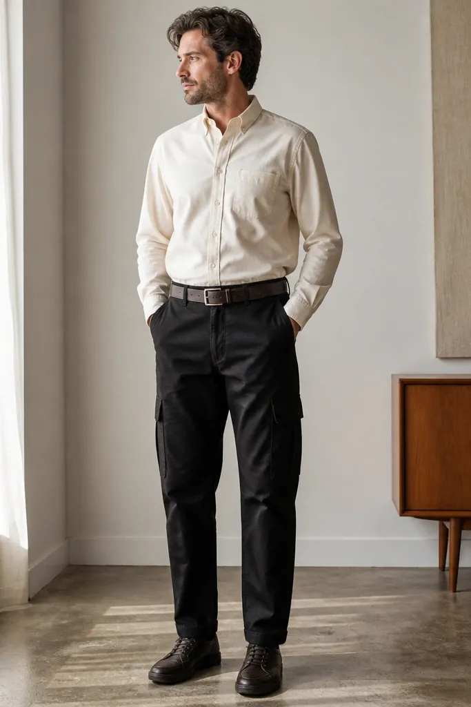 A man wearing black Carhartt cargo pants with a crisp cream oxford button-down tucked in, a dark brown leather belt, and a pair of dark leather sneakers. The pockets sit flat, and the hem hits just above the shoe.