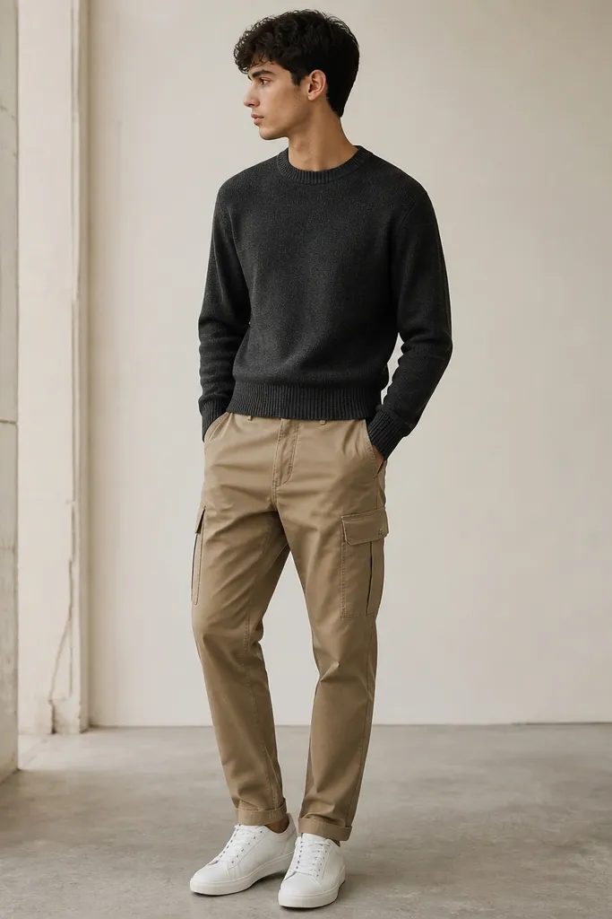 Stone-beige Carhartt cargo pants with a charcoal crewneck sweater and a clean white leather sneaker. The sweater is slightly cropped at the waist, and the cargos show a subtle taper toward the ankle.