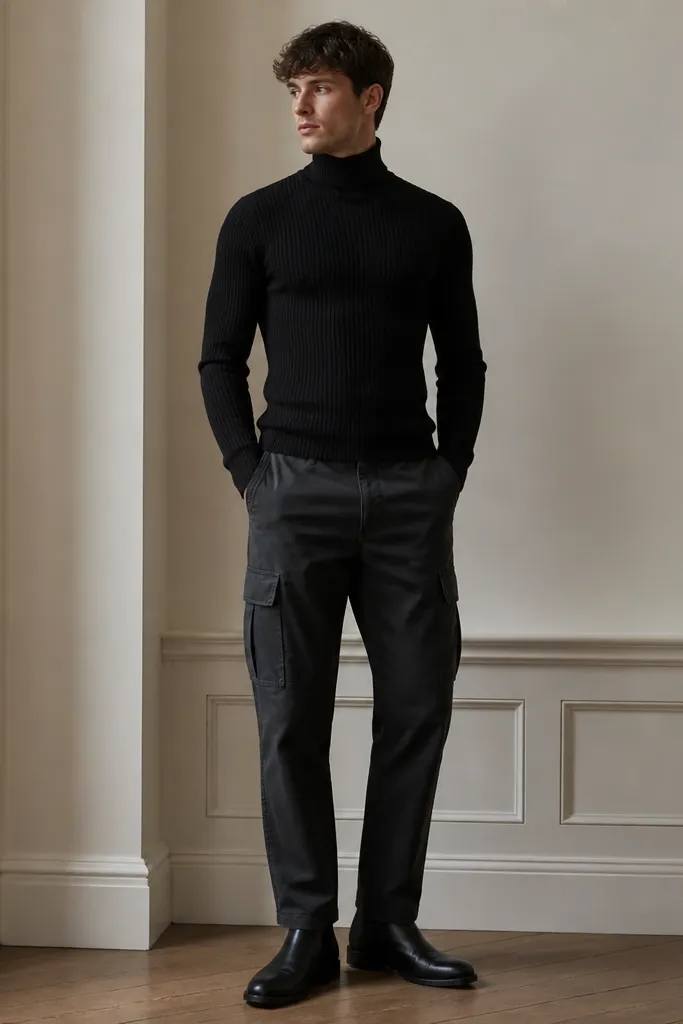 Charcoal Carhartt cargo pants worn with a black ribbed turtleneck and black chelsea boots. The turtleneck is fully fitted at the neck, and the pants have a tidy hem line.
