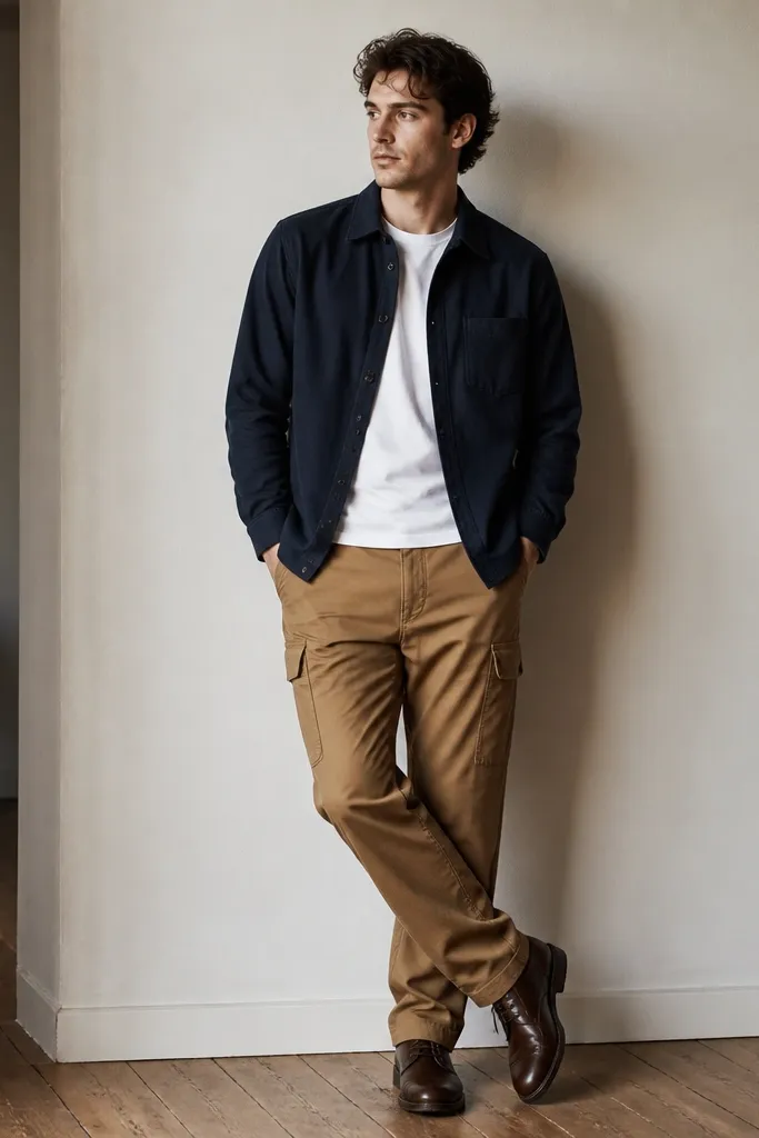 Tan Carhartt cargo pants paired with a navy overshirt layered over a white tee, finished with brown leather derby shoes. The overshirt falls to mid-hip and the cuffs sit clean at the wrist.