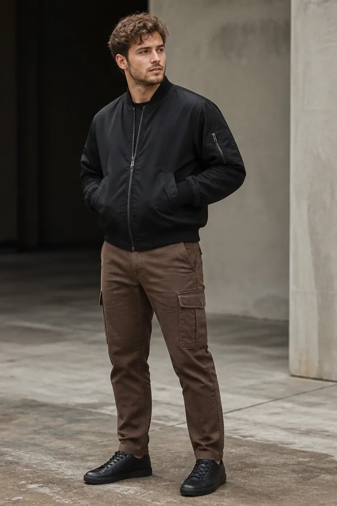 Rugged brown Carhartt cargo pants with a black bomber jacket and low-profile black leather sneakers. The jacket hem sits at the waistband, and the pants show a mild taper.
