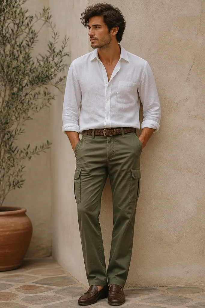Moss green cargo pants paired with a white linen button-down (slightly open collar) and a woven belt. The fabric wrinkles lightly at the chest, and the pants hem shows a neat break over the shoes.