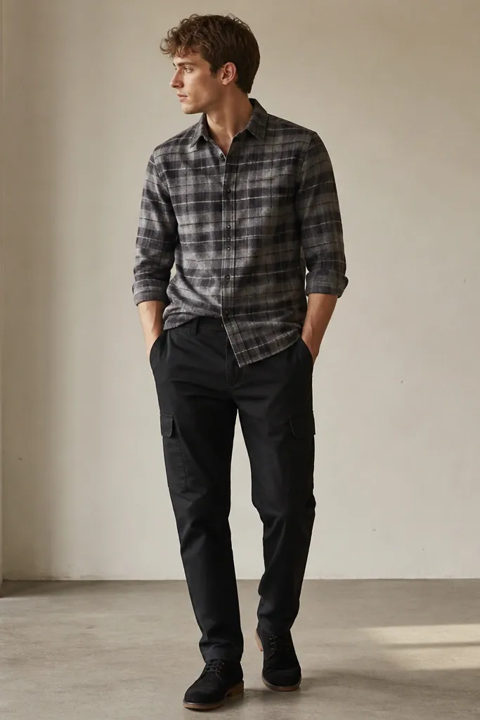 Black Carhartt cargo pants with a grey flannel button-up tucked at the front and black suede desert boots. The flannel looks brushed, and the pants pockets sit flat.