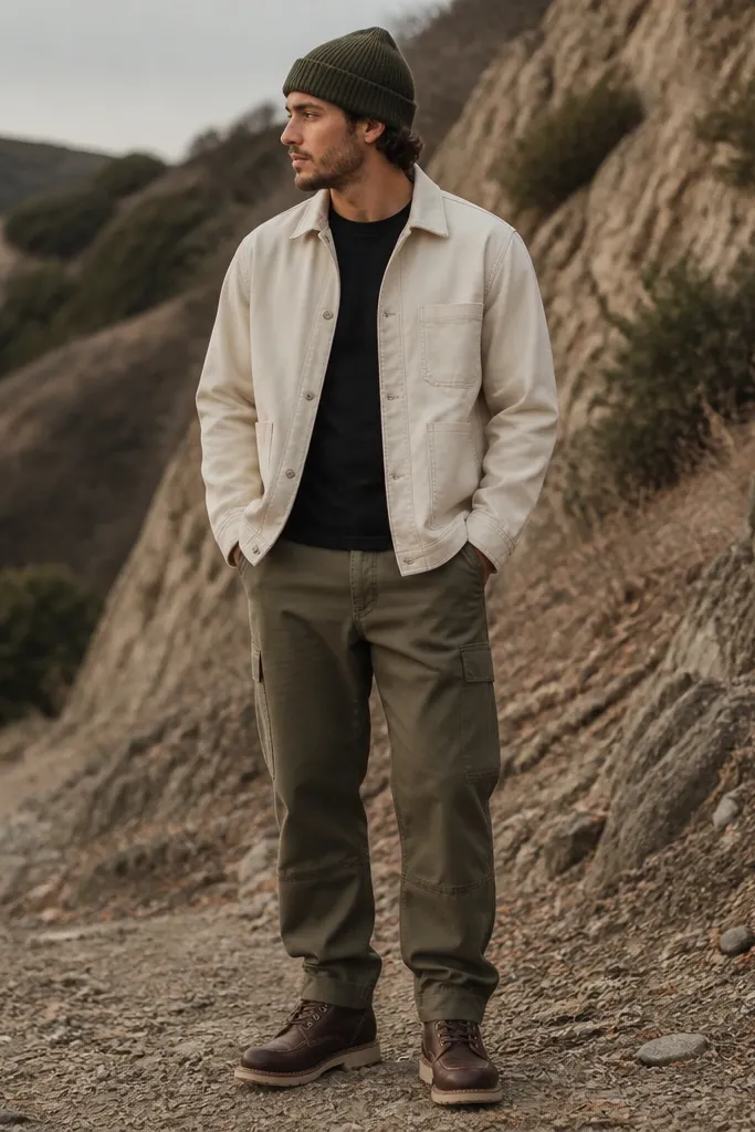 Olive Carhartt cargo pants paired with a cream chore jacket layered over a black tee, plus a dark green knit beanie and brown leather boots. The jacket has a structured collar and clean seams.