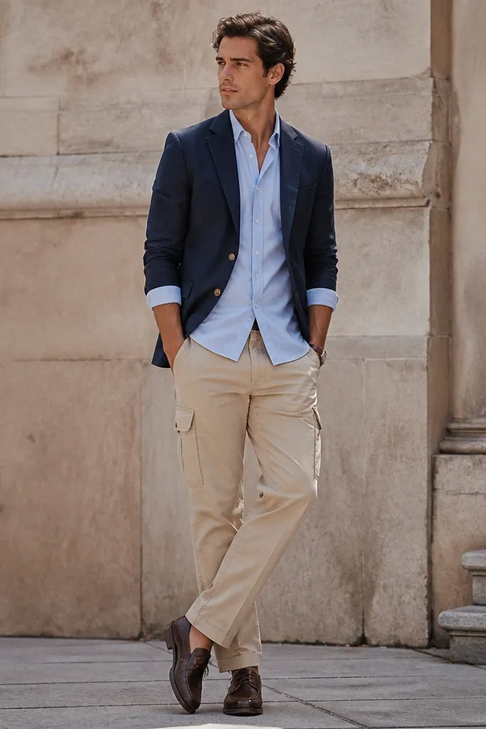 Sand-beige cargo pants with a navy blazer worn open over a light blue oxford shirt with sleeves rolled up. The shoes are dark brown loafers or derbies.