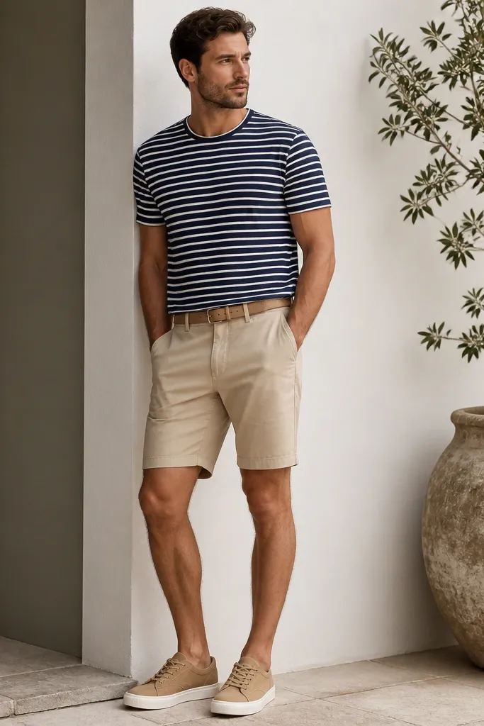 A navy and white striped crewneck tee tucked into stone chino shorts. Tan canvas sneakers with white soles and a low-profile tan belt are visible.