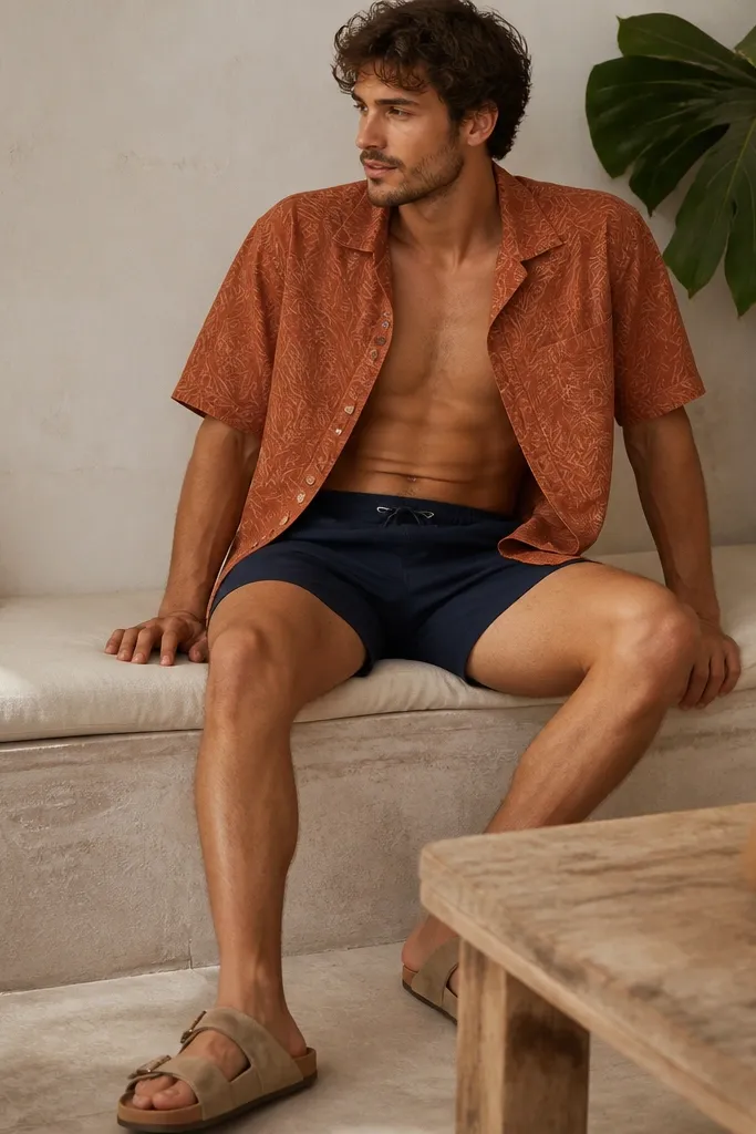 A terracotta camp shirt with a subtle leaf print, worn open over navy swim shorts. The shirt hem sits above the belt line, with tan sandals in the foreground.