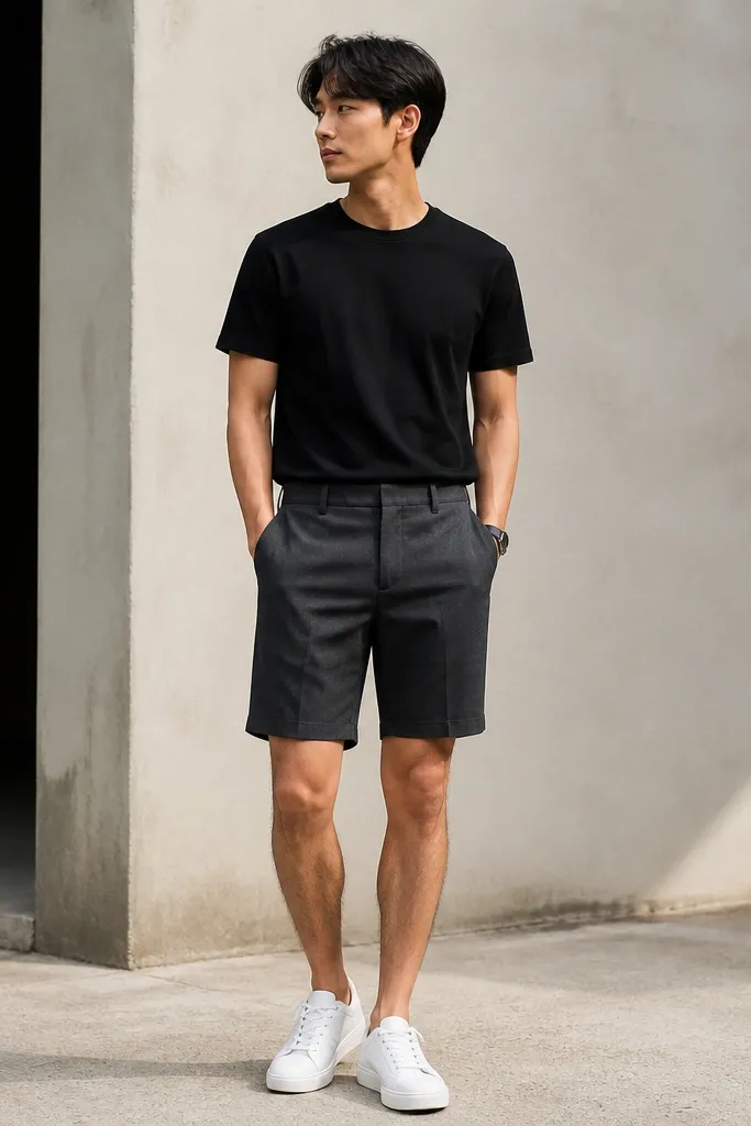A black crewneck tee paired with charcoal tailored shorts with a slight taper. White low-top sneakers and a thin black watch strap are visible.