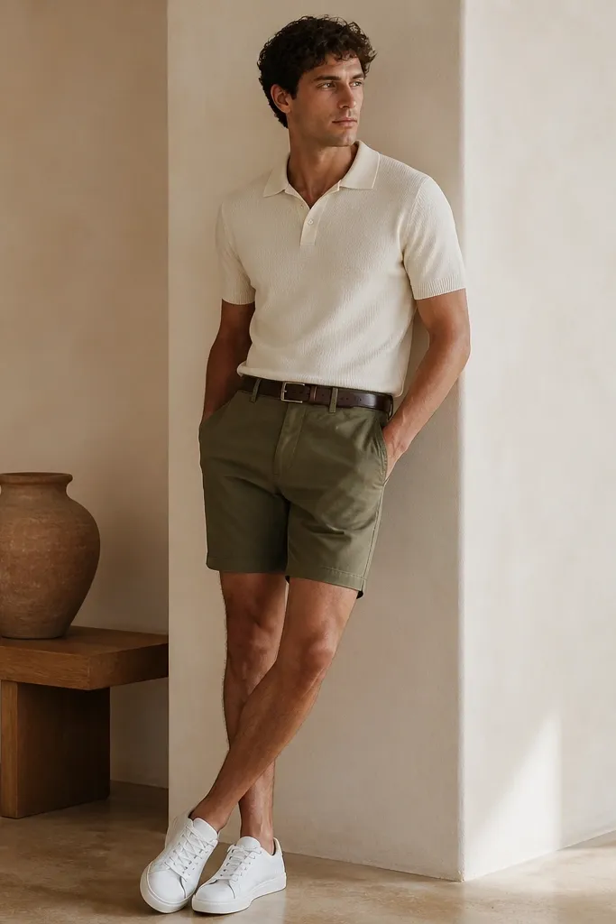 A cream knit polo with a soft collar, paired with olive chino shorts. White sneakers and a simple leather belt sit at the waist.