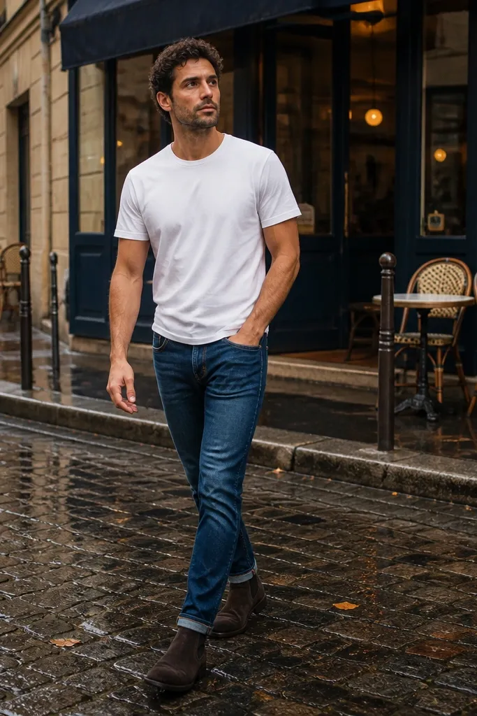 A man wearing medium indigo slim-straight jeans cuffed slightly above the ankle, a plain white crew-neck T-shirt, and dark brown suede Chelsea boots with elastic sides. He has a light tan belt and a simple wristwatch.