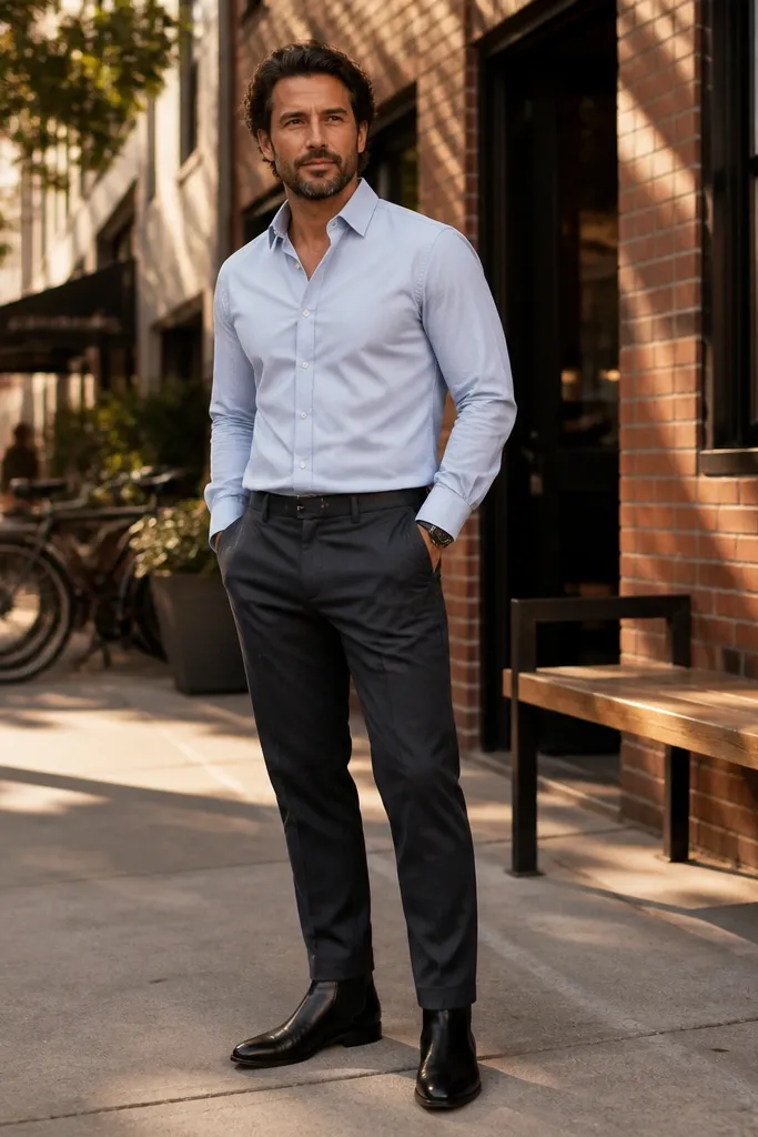 A clean street-style look with charcoal chinos, a light blue button-down Oxford shirt worn half-tucked, and black Chelsea boots with a low heel. A dark belt and a minimalist leather watch are visible.