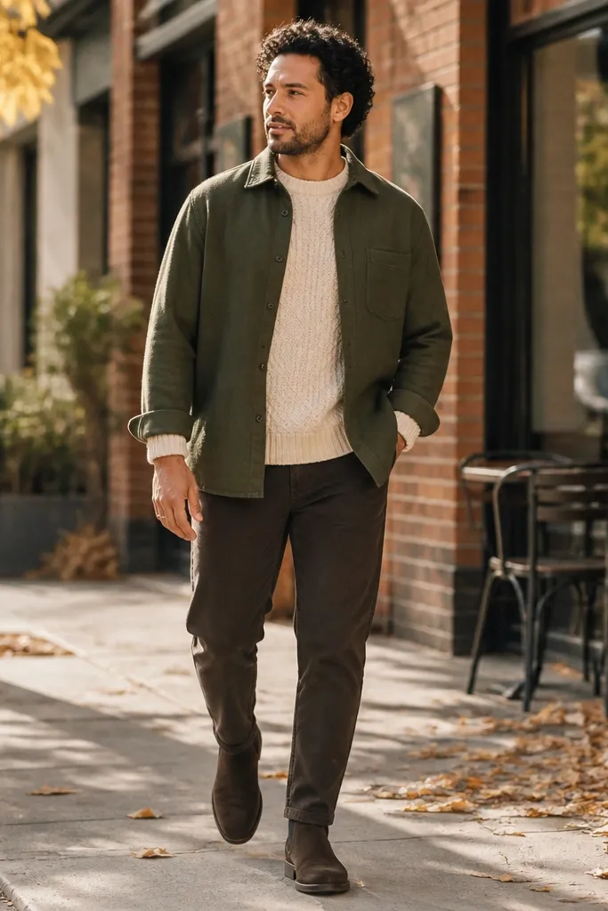 A layered outfit: olive overshirt over a cream chunky knit crew sweater, with slim dark-wash jeans and dark brown Chelsea boots. The scene shows a casual fall vibe.