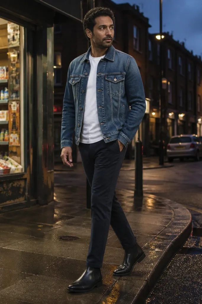 A casual jacket outfit showing a midwash denim jacket layered over a white T-shirt, paired with straight midwash jeans and black Chelsea boots.